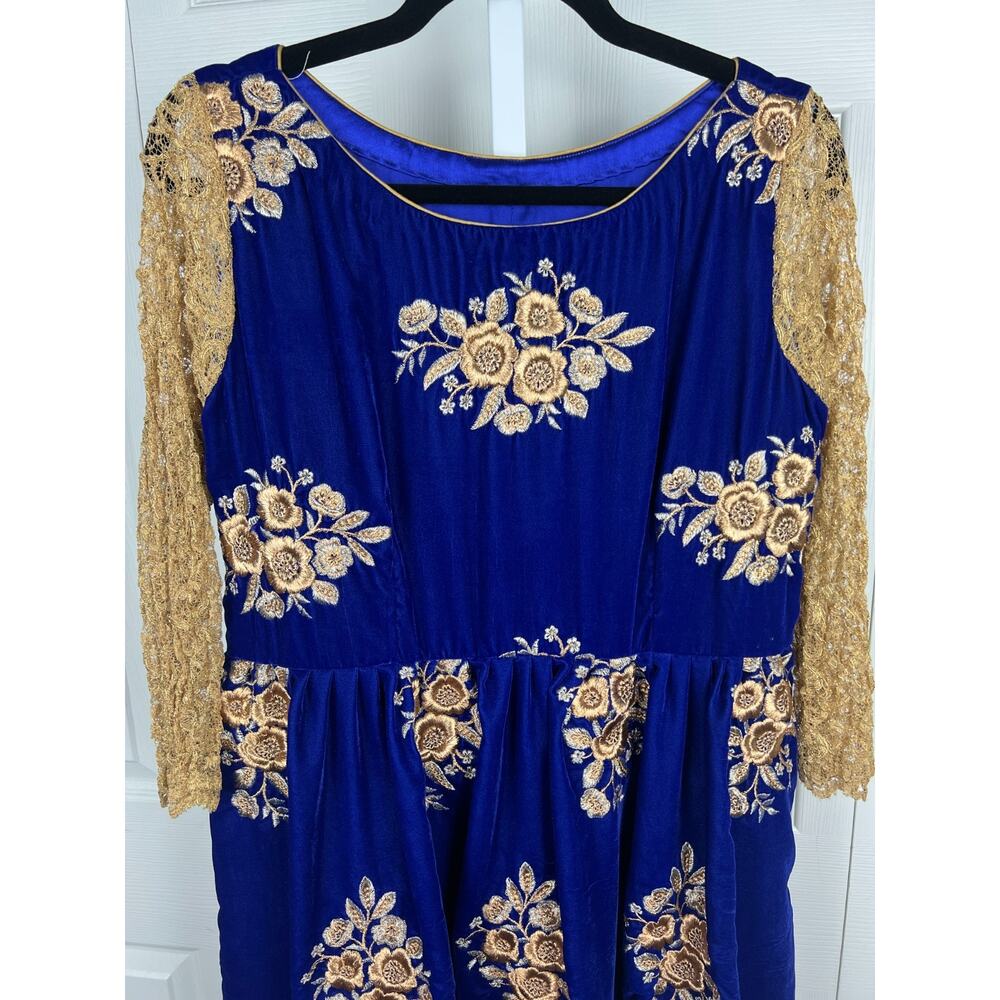 Handmade Embroidered Velvet Dress Folk Fairycore Whimsigoth Blue Gold Girls L - Picture 7 of 8